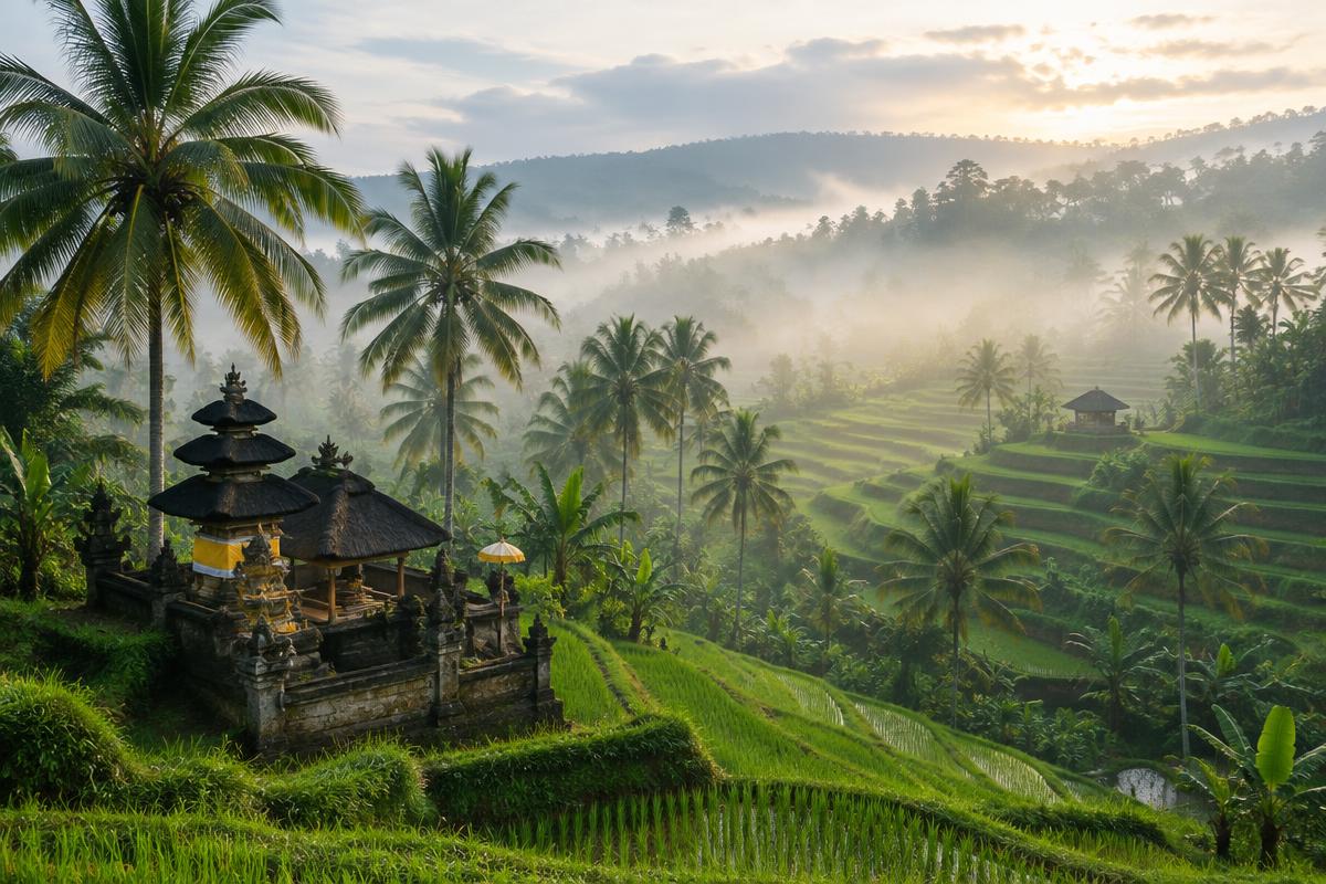 Misty Bali rice terraces with palm trees and a small temple
