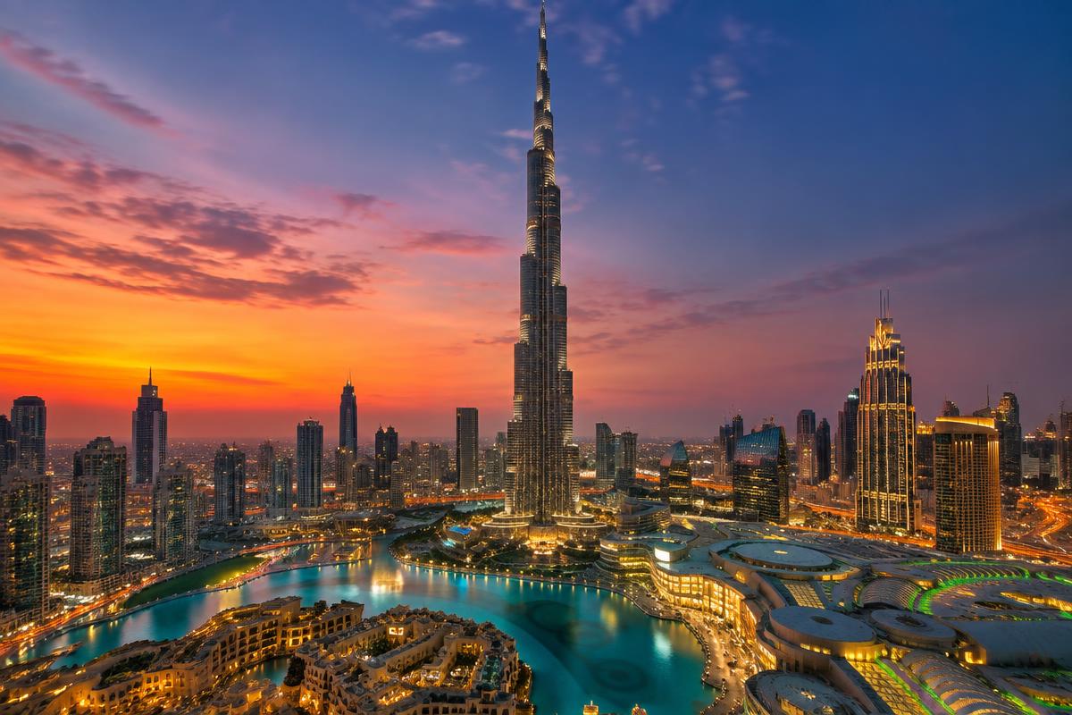 Dubai skyline with Burj Khalifa glowing at dusk