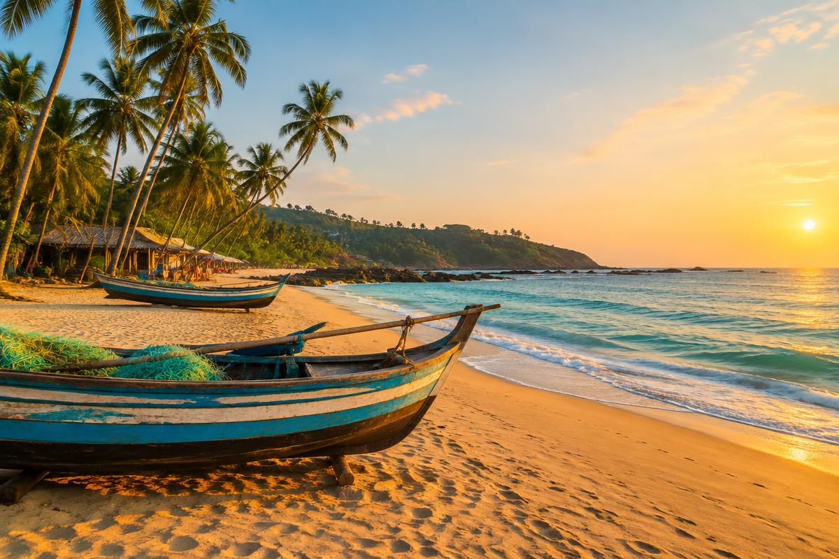 Golden sandy beach in Goa with palm trees and wooden fishing boats