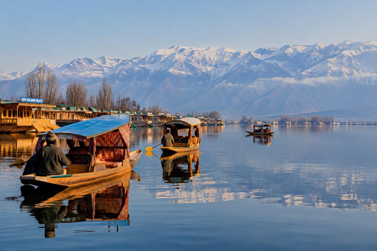 Shikara boats on Dal Lake with snowy Himalayan mountains in Kashmir