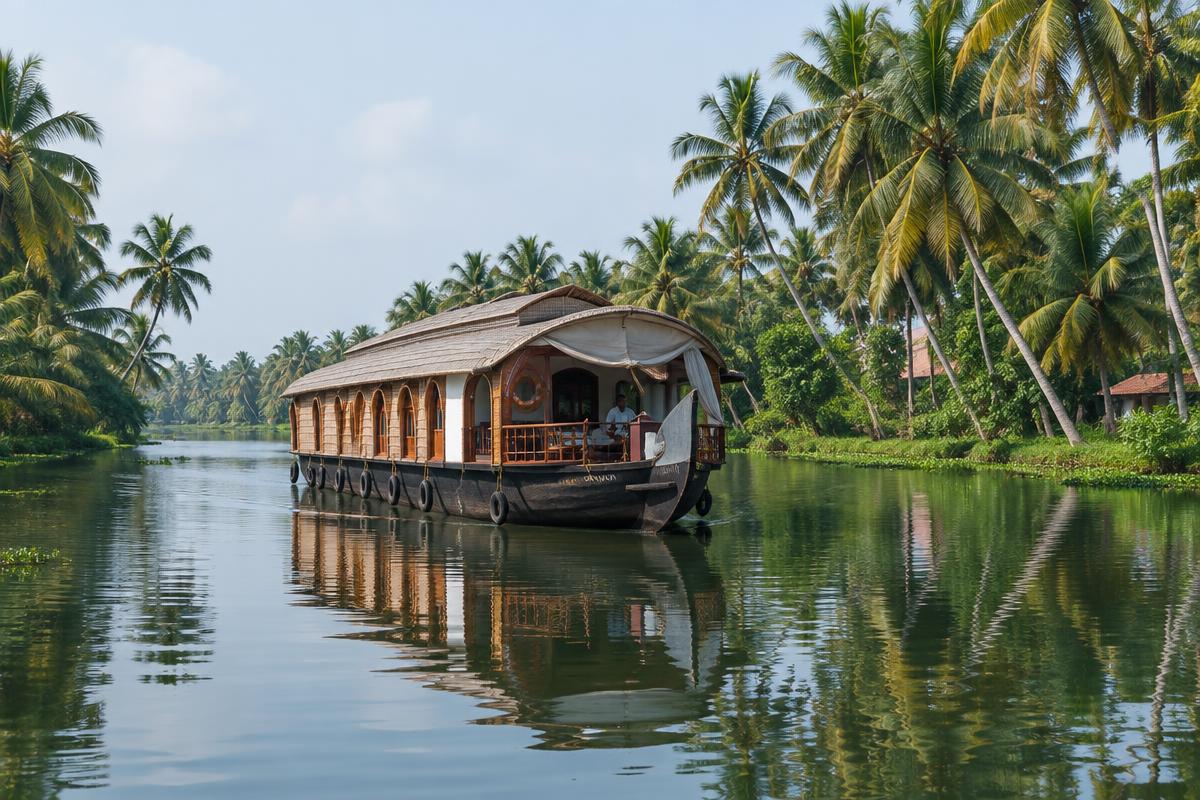 Traditional houseboat floating through Kerala backwaters lined with palms
