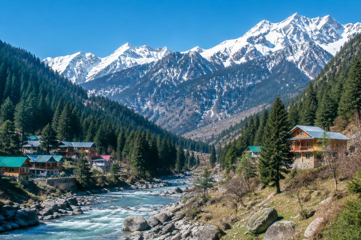 Snow-capped Himalayan peaks above pine forests and a river in Manali