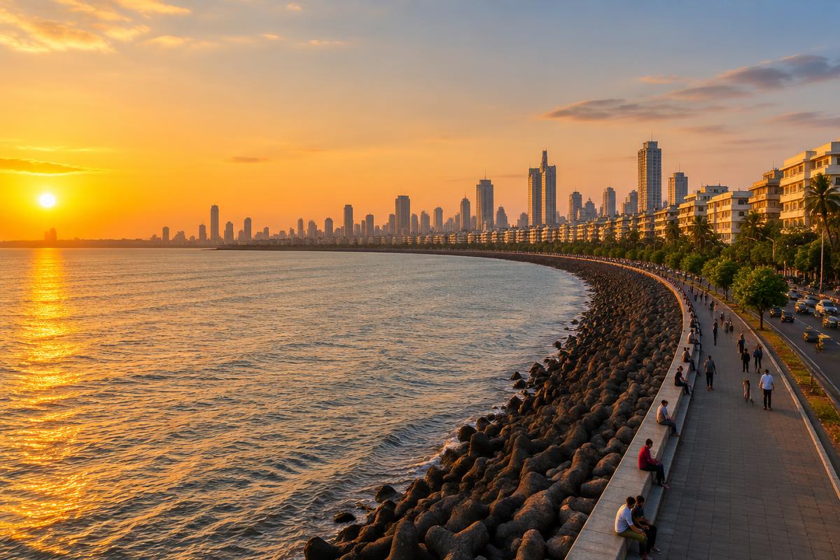 Marine Drive seafront curving along Mumbai's skyline at sunset