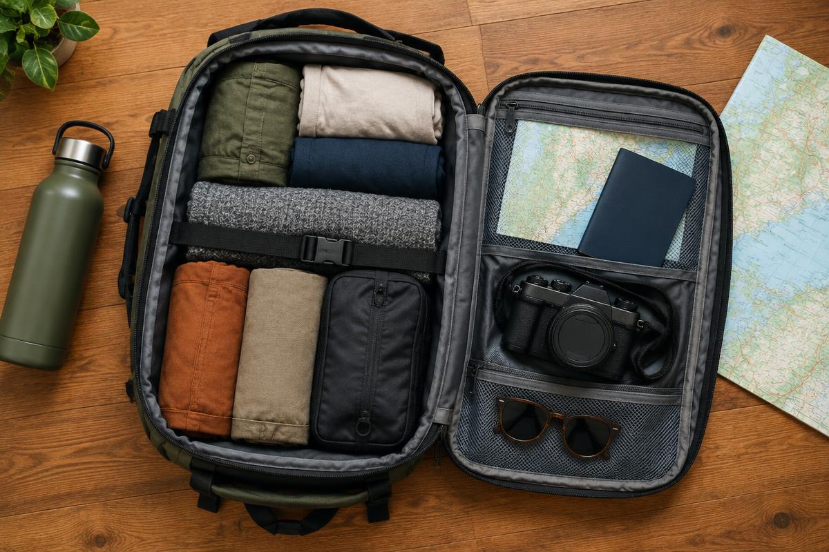 Neatly packed travel backpack with passport, camera and map