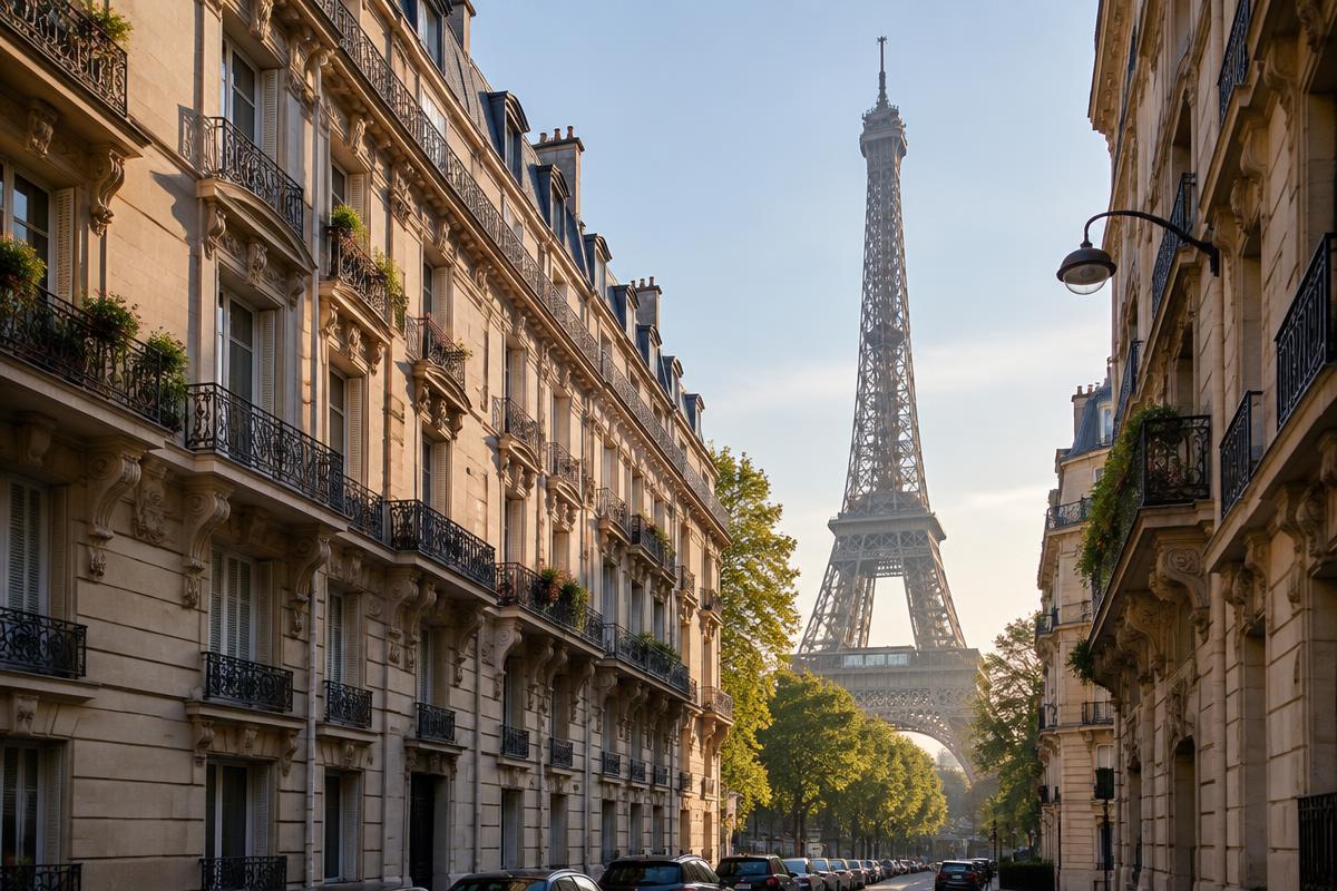 Eiffel Tower framed by classic Parisian apartment buildings