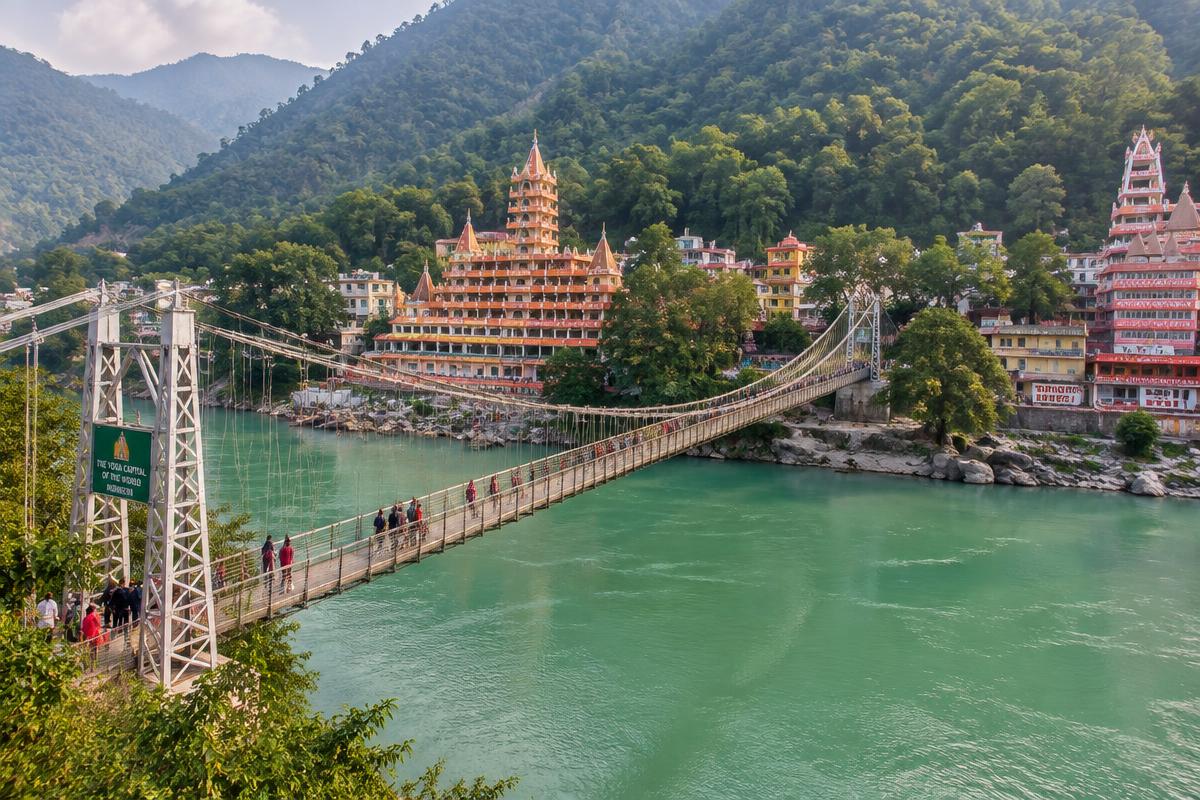 Suspension bridge over the green Ganges river in Rishikesh