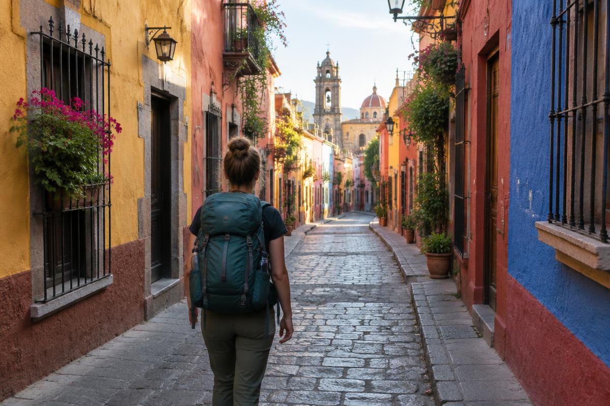 Solo backpacker walking down a colourful cobbled old-town street
