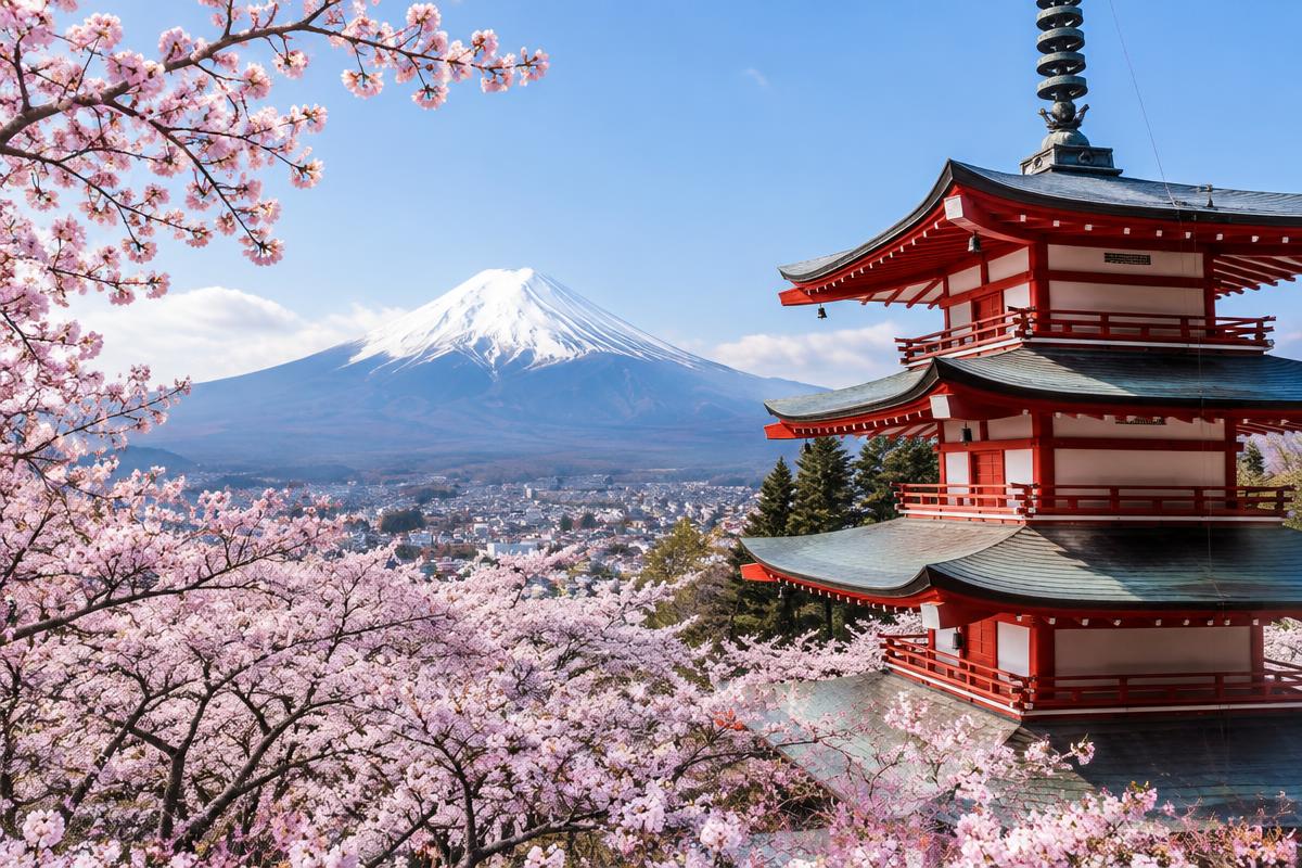 Red pagoda with cherry blossoms and Mount Fuji in the distance