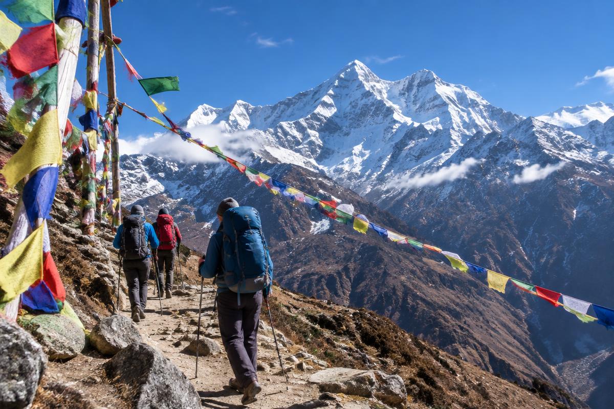 Trekkers on a Himalayan trail lined with prayer flags