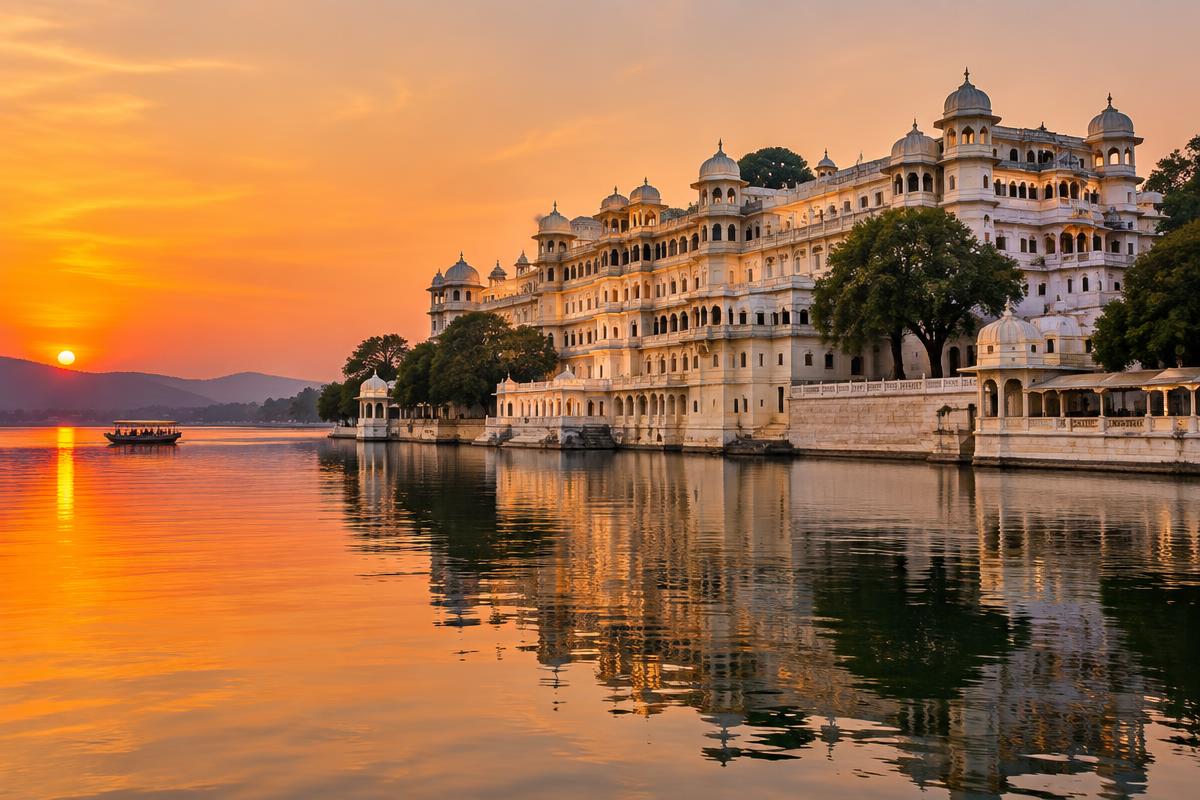 City Palace of Udaipur reflected in Lake Pichola at sunset